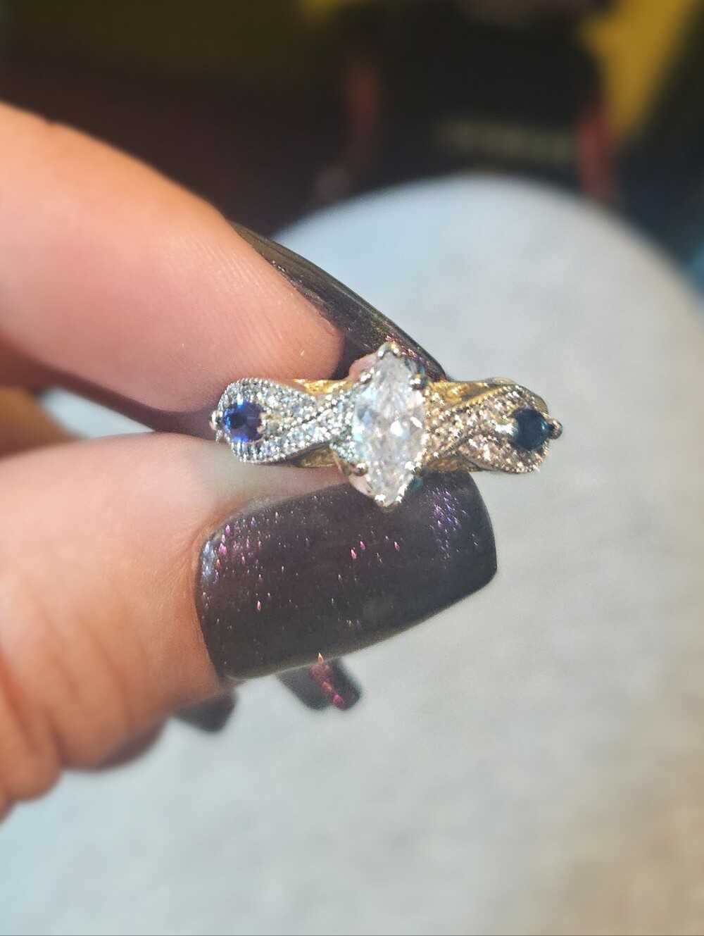 Elegant Vintage-Style CZ & Blue Sapphire Accent Twisted Band Ring |